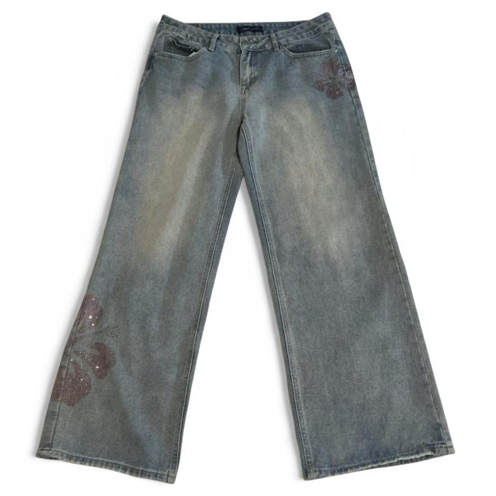 Aeropostale Baggy Wide Leg Jeans Women M Reg Blue Pink Rhinestone Hibiscus